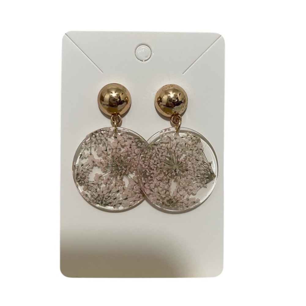 Dusty Pink Pressed Flower Acrylic Disc Drop Earrings